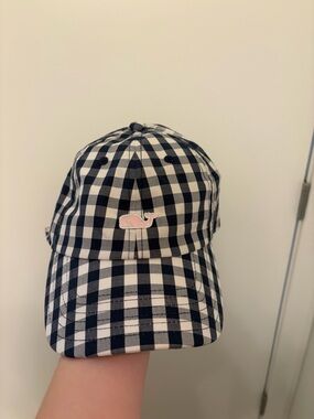 Vineyard Vines Navy and White Gingham Cap with Pink Whale